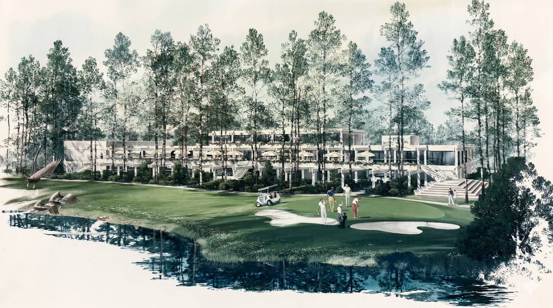 Architectural rendering of the original Paupack Hills clubhouse — a long horizontal building nestled in pines, a pond in the foreground, golfers on the green.